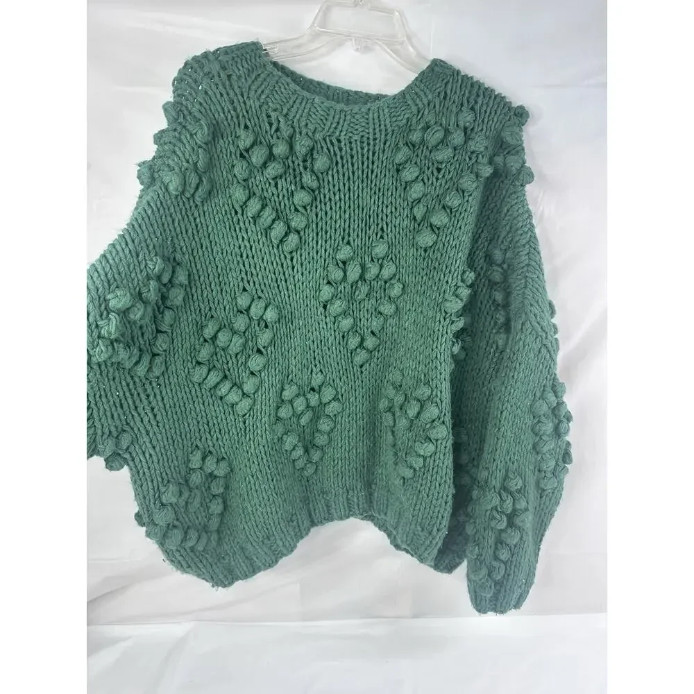 Wishlist Chunky Heart Sweater Pullover Handmade Love Pom Pom Heart Bubble